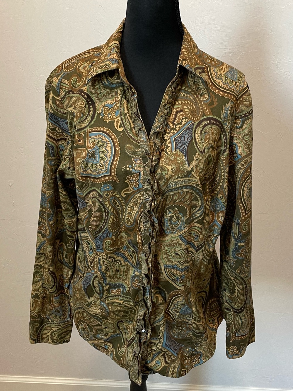 Harold's Olive and Blue Paisley Button-Down Blouse